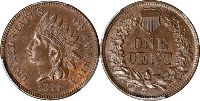 1877 Indian Cent. MS-63 BN (PCGS).

Boldly toned medium copper surfaces show e...