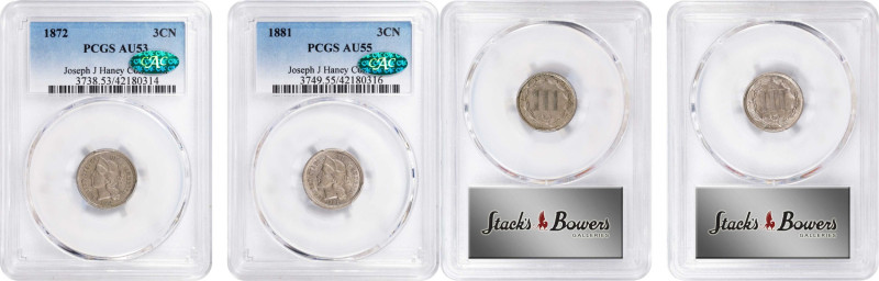 Lot of (2) About Uncirculated Nickel Three-Cent Pieces. (PCGS). CAC.

Included...