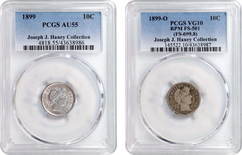 Lot of (2) 1899-Dated Barber Dimes. (PCGS).

Included are: 1899 AU-55; 1899-O ...