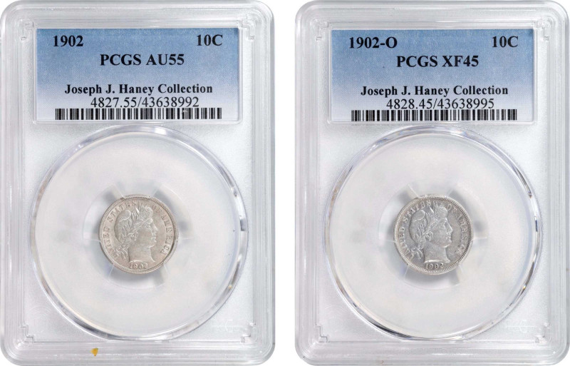 Lot of (2) 1902-Dated Barber Dimes. (PCGS).

Included are: 1902 AU-55; and 190...