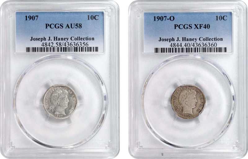 Lot of (2) 1907-Dated Barber Dimes. (PCGS).

Included are: 1907 AU-58; and 190...