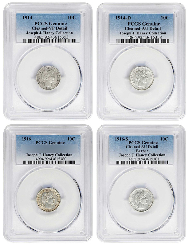 Lot of (4) Late Date Barber Dimes. Cleaned (PCGS).

Included are: 1914 VF Deta...