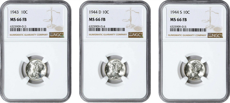 Lot of (3) Late Date Mercury Dimes. MS-66 FB (NGC).

Included are: 1943; 1944-...