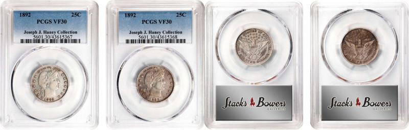 Lot of (2) 1892 Barber Quarters. Type I Reverse. VF-30 (PCGS).

PCGS# 5601. NG...