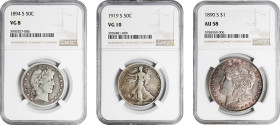 Lot of (3) Silver Type Coins. (NGC).

Included are: Half Dollars: 1894-S Barber, VG-8; 1919-S Walking Liberty, VG-10; and Silver Dollar: 1890-S Morg...