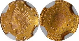 "1853" California Gold Token. Round. Indian Head / Wreath #1. 12 Stars. AU-55 (NGC).

12 mm.

Estimate: $ 150