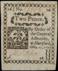 CT-214. Connecticut. October 11, 1777. 2 Pence. About Uncirculated.

Slit cancelled.

From the Estate of Graydon Lee Cook.

Estimate: $100 - 150