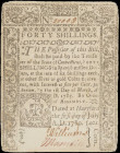 CT-240. Connecticut. July 1, 1780. 40 Shillings. Extremely Fine.

Slit cancelled. Staining. Repaired tear.

From the Estate of Graydon Lee Cook.
...