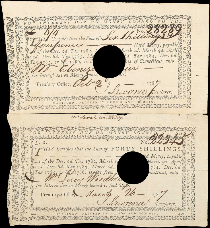 Lot of (2) Connecticut Loans. 1787. 6 Shillings, 4 Pence & 40 Shillings. Very Fi...