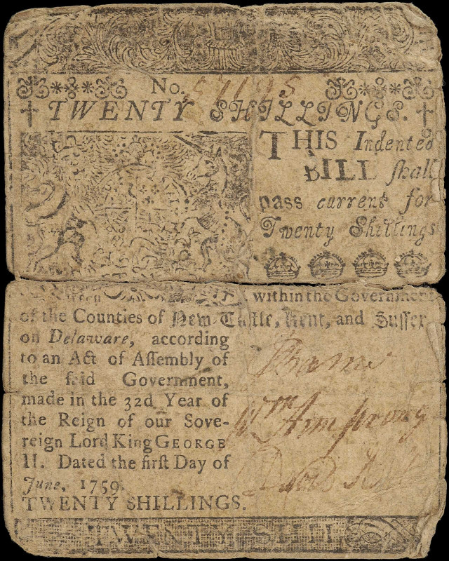 DE-68. Delaware. June 1, 1759. 20 Shillings. Good.

An issued example of this ...