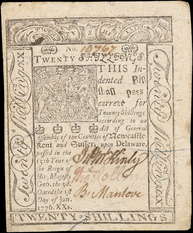 DE-80. Delaware. January 1,1776. 20 Shillings. Very Fine.

Problem free and ve...