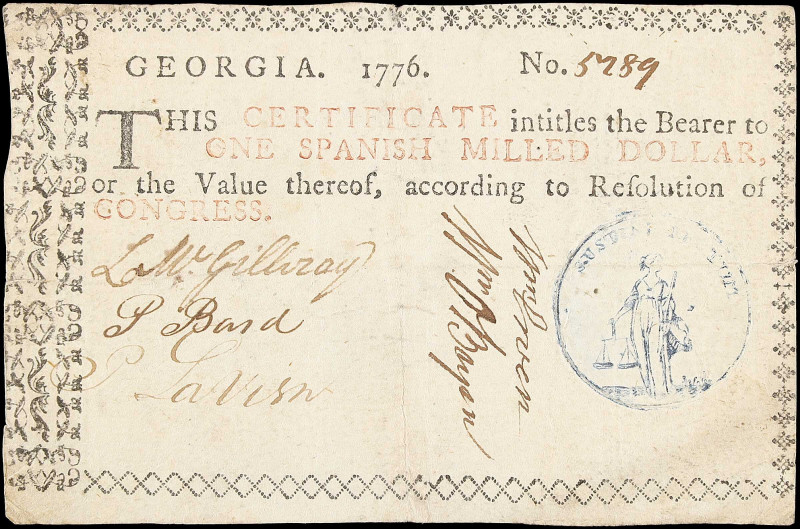 GA-71a. Georgia. 1776. $1. Very Fine.

Good color and originality remain on th...