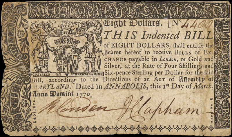 MD-59. Maryland. March 1, 1770. $8. Fine.

Staining, edge damage.

From the ...