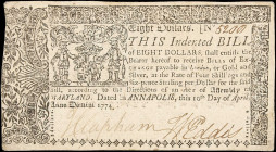 MD-70. Maryland. April 10, 1774. $8. Very Fine.

Good margins, and strong signatures.

Estimate: $100 - 200