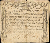 MA-227. Massachusetts. October 18, 1776. 9 Pence. Very Fine.

Large tear which has been taped on back.

Estimate: $300 - 500