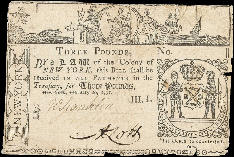 NY-165. New York. February 16, 1771. 3 Pounds. Fine.

Tears and tape are notic...