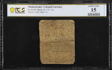 PA-83. Pennsylvania. March 10, 1757. 15 Shillings. PCGS Banknote Choice Fine 15 Details. Tape Repair.

No. 11465, Plate A. An elusive issued example...