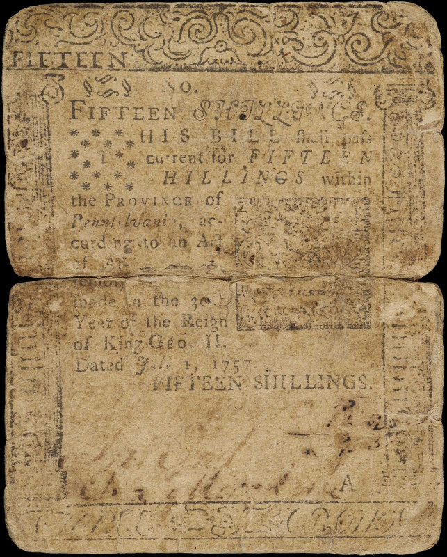 PA-87. Pennsylvania. July 1, 1757. 15 Shillings. Good.

Issued. Tape repaired,...