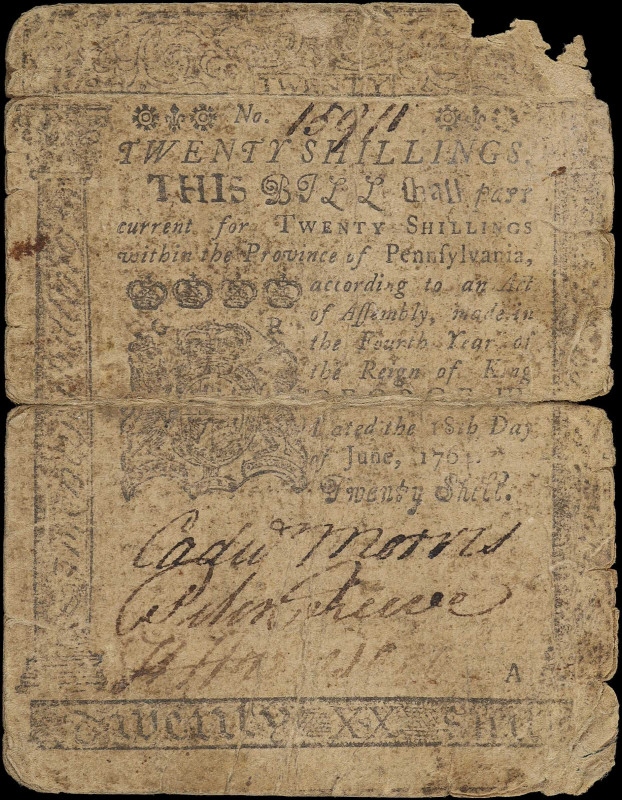 PA-126. Pennsylvania. June 18, 1764. 20 Shillings. Very Good.

Printed by B. F...