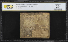 PA-145. Pennsylvania. March 10, 1769. 20 Shillings. PCGS Banknote Very Fine 20.

No. 584. PCGS Banknote comments "Edge Splits".

From the Estate o...