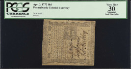 PA-155. Pennsylvania. April 3, 1772. 18 Pence. PCGS Currency Very Fine 30 Apparent. Small Edge Splits.

No. 19612, Plate A. PCGS Currency comments "...