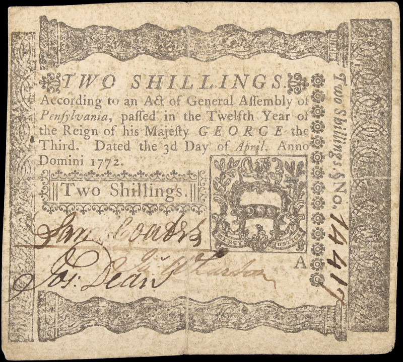 PA-156. Pennsylvania. April 3, 1772. 2 Shillings. Very Fine.

From the Estate ...