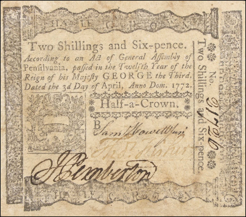 PA-157. Pennsylvania. April 3, 1772. 2 Shillings, 6 Pence. Very Fine.

From th...