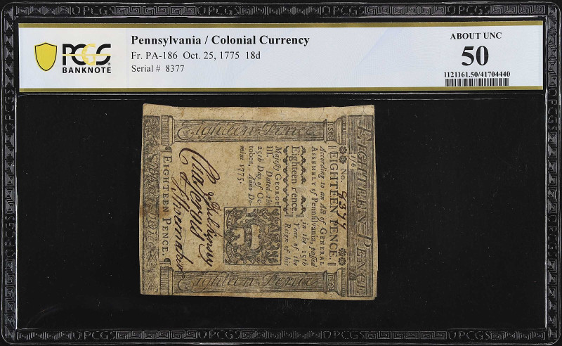 PA-186. Pennsylvania. October 25, 1775. 18 Pence. PCGS Banknote About Uncirculat...