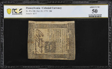 PA-186. Pennsylvania. October 25, 1775. 18 Pence. PCGS Banknote About Uncirculated 50.

No. 8377.

From the Estate of Graydon Lee Cook.

Estimat...