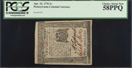 PA-203. Pennsylvania. April 25, 1776. 2 Shillings. PCGS Currency Choice About New 58 PPQ.

No. 4391.

From the Estate of Graydon Lee Cook.

Esti...
