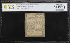 PA-209. Pennsylvania. April 10, 1777. 3 Pence. PCGS Banknote About Uncirculated 53 PPQ.

No. 2938, Plate A.

From the Estate of Graydon Lee Cook....