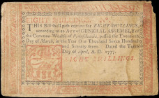 PA-219b. Pennsylvania. April 10, 1777. 8 Shillings. Choice Fine.

Red/black ink variety. Staining, edge damage.

From the Estate of Graydon Lee Co...