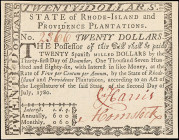 RI-289. Rhode Island. July 2, 1780. $20. About Uncirculated.

Small mounting remnants on back top.

Estimate: $200 - 400