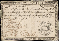 SC-143. South Carolina. February 14, 1777. $20. Very Fine.

An issued example of this $20 note that is seen with strong signatures and eye appeal.
...