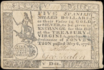 VA-147b. Virginia. May 6, 1776. $5. Very Fine.

No. 2159. Thick paper. A difficult Virginia note with this offering exhibiting mostly even circulati...