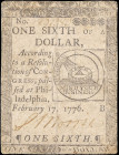 CC-19. Continental Currency. February 17, 1776. $1/6. Very Fine.

Paper pulls. Internal tear.

Estimate: $200 - 300
