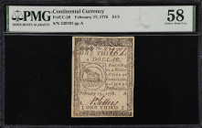 CC-20. Continental Currency. February 17, 1776. $1/3. PMG Choice About Uncirculated 58.

No. 239707, Plate A. Printed by Hall and Sellers. The face ...