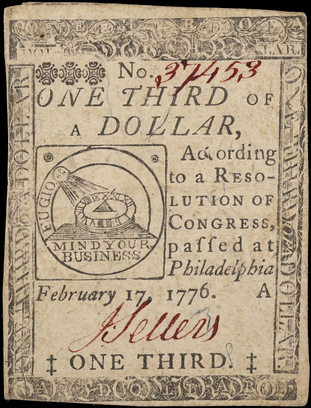 CC-20. Continental Currency. February 17, 1776. $1/3. Choice Extremely Fine.

...