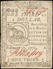 CC-20. Continental Currency. February 17, 1776. $1/3. Very Fine.

No.340990. An evenly circulated, well cut and sharply printed example from this Fe...