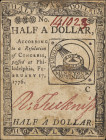CC-21. Continental Currency. February 17, 1776. $1/2. Very Fine.

No. 141023. A popular Fugio sundial note, printed by Hall and Sellers. Stains.

...