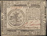 CC-58. Continental Currency. February 26, 1777. $5. About Uncirculated.

No. 45900. Boldly penned signatures and serial number. Printed by Hall and ...
