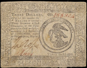 CC-64. Continental Currency. May 20, 1777. $3. Very Good.

Stains, paper pulls, tear, previously mounted.

From the Estate of Graydon Lee Cook.
...