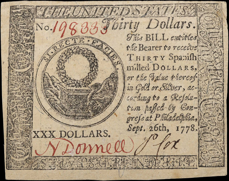 CC-83. Continental Currency. September 26, 1778. $30. Very Fine.

No. 198333. ...