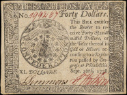 CC-84. Continental Currency. September 26, 1778. $40. Extremely Fine.

No. 199267. Printed by Hall and Sellers. Stain. Pinhole.

From the Estate o...