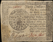 CC-84. Continental Currency. September 26, 1778. $40. Very Fine.

Stains. Edge Wear. Pinhole.

From the Estate of Graydon Lee Cook.

Estimate: $...