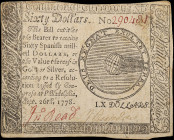 CC-86. Continental Currency. September 26, 1778. $60. Very Fine.

No. 290481. Printed by Hall and Sellers. Pinholes. Stain.

From the Estate of Gr...