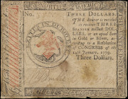CC-89. Continental Currency. January 14, 1779. $3. Very Fine.

Stains, nick, internal tears, pinhole.

From the Estate of Graydon Lee Cook.

Est...