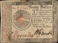 CC-92. Continental Currency. January 14, 1779. $20. About Uncirculated.

No. 20217. Printed by Hall and Sellers. Stains.

From the Estate of Grayd...