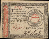 CC-100. Continental Currency. January 14, 1779. $65. Extremely Fine.

No. 90199. Printed by Hall and Sellers. Emblem of a hand holding a balance. La...