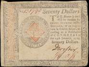CC-101. Continental Currency. January 14, 1779. $70. Very Fine.

No. 131790. Printed by Hall and Sellers. Edge wear.

From the Estate of Graydon L...